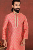 Salmon Peach Jacquard Straight Cut Woven Zari Men Kurta Churidar