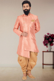 Salmon Peach Jacquard Woven Zari Men Sherwani