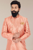 Salmon Peach Jacquard Woven Zari Men Sherwani