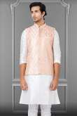 Men Waist Coat Jacquard Salmon Peach with Zari Work for Party 