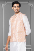 Men Waist Coat Jacquard Salmon Peach with Zari Work for Party 