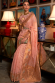 Salmon Peach Kora Silk Traditional Saree With Woven Zari