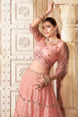 Salmon Peach Net Embroidered Lehenga For Sangeet 