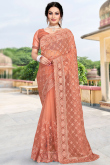 Party Wear Zari Embroidered Saree in Net Salmon Peach