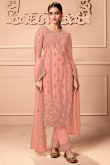 Salmon Peach Net Straight Pant Embroidered Trouser Suit
