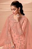 Salmon Peach Net Straight Pant Embroidered Trouser Suit