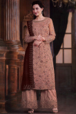 Salmon Peach Organza Dori Embroidered Palazzo Suit For Sangeet 