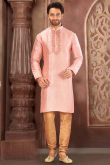 Salmon Peach Silk Embroidered Men's Churidar Kurta 