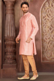 Salmon Peach Silk Embroidered Men's Churidar Kurta 