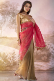 Salmon Pink And Oat Beige Net Embroidered Half And Half Saree