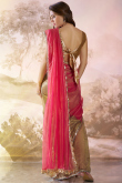 Salmon Pink And Oat Beige Net Embroidered Half And Half Saree