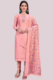 Salmon Pink Straight Cut Party Wear Traditional Suit in Chanderi
