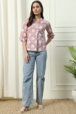 Salmon Pink Cotton Short Ready Made Kurti with Printed Detail