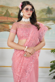 Salmon Pink Net Embroidered Fancy Saree 