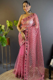 Salmon Pink Net Embroidered Saree in Light Weight Style