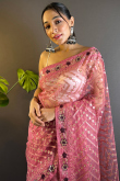 Salmon Pink Net Embroidered Saree in Light Weight Style