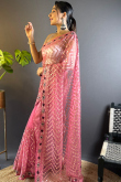 Salmon Pink Net Embroidered Saree in Light Weight Style