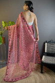 Salmon Pink Net Embroidered Saree in Light Weight Style