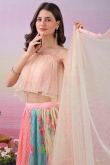 Salmon Pink Satin Silk Flared Lehenga With Printed Work