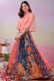 Salmon Pink Satin Silk Flared Lehenga With Printed Work