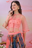 Salmon Pink Satin Silk Flared Lehenga With Printed Work