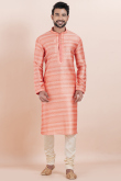 Salmon Pink Silk Blend Men's Kurta Churidar With foil Print