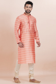 Salmon Pink Silk Blend Men's Kurta Churidar With foil Print