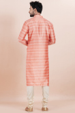 Salmon Pink Silk Blend Men's Kurta Churidar With foil Print