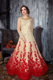 Cream With Red Net Embroidered Anarkali Suit