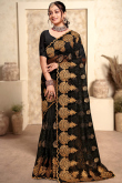 Sangeet Thread Embroidered Black Saree in Net