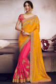 Yellow with Red Satin and Silk Saree With Dupion Blouse