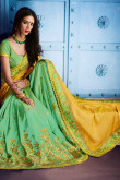 Yellow and Green Satin and Silk Saree With Dupion Blouse