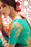 Light Green and Orange Satin and Silk Saree With Brocade Blouse