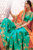 Light Green and Orange Satin and Silk Saree With Brocade Blouse