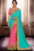 Pink and Green Satin and silk Saree With Dupion Blouse