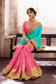Pink and Green Satin and silk Saree With Dupion Blouse