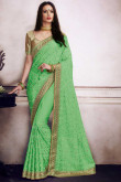 Pigment Green Satin and Silk Saree With Brocade Blouse