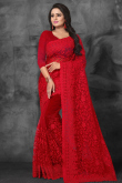 Deep Red Net Resham Thread Embroidered Light Weight Saree