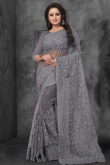 Net Steel Grey Resham Thread Embroidered Light Weight Saree