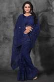 Navy Blue Net Resham Thread Embroidered Light Weight Saree