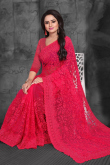 Net Ruby Red Pearl Embroidered Light Weight Saree