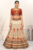 Satin Cream Printed Panelled Style Lehenga