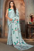 Satin Greenish Grey Saree With Bird Print