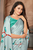 Satin Greenish Grey Saree With Bird Print