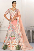 Satin Printed Creamy Pink Panelled Style Lehenga