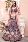 Satin Printed Navy Blue Panelled Style Lehenga