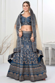 Satin Printed Teal Blue Panelled Style Lehenga