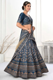 Satin Printed Teal Blue Panelled Style Lehenga