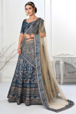 Satin Printed Teal Blue Panelled Style Lehenga