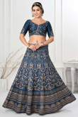 Satin Printed Teal Blue Panelled Style Lehenga